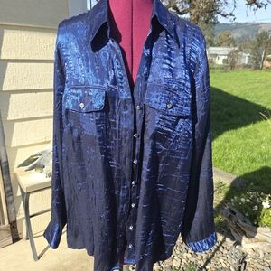 NY Collection Royal blue Button Up Blouse With Textured And Shimmer. S-1X. SSCP